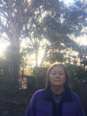 Denise wears a bright purple jacket and stands outside in front of gum trees.