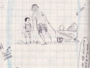 A drawing of a person pulling a baby in a stroller, with another child in front of them.
