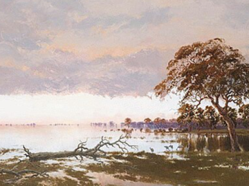 A painting of a flooded river and are gumtree. The colours are pastel.