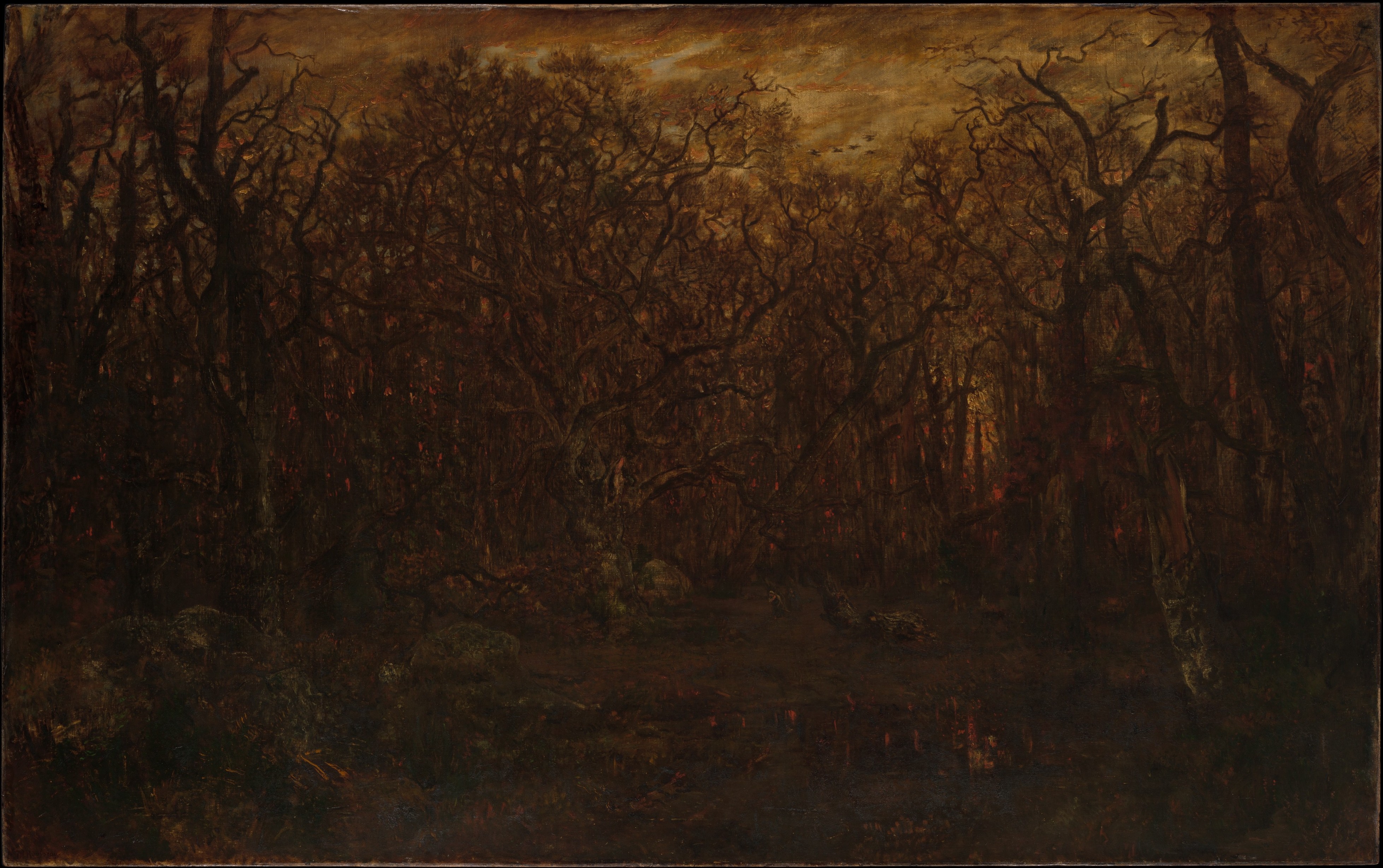 Somber winter forest scene in amber and black tones