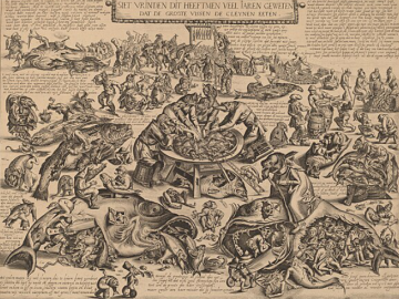 An engraving of a village of fish wearing clothing, killing other fish or tending to piles of dead fish.