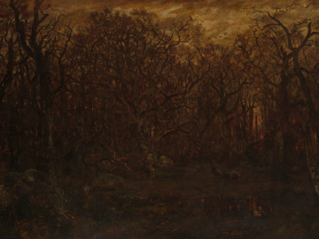 A painting of trees silhouetted against a dark brown sky