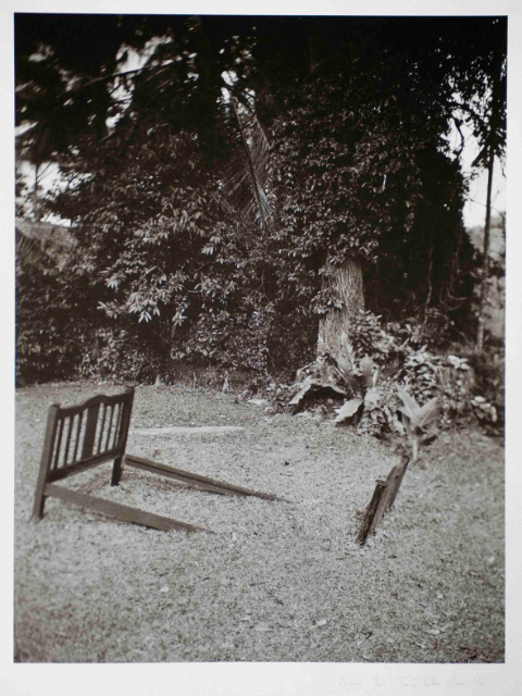 In this image, we see a black and white photograph of an outdoor scene. The dominant colors are grey, black, and white, with the accent color being a dark brown. The photo appears to have been taken in a park or other outdoor area.  The main focus of the image is a wooden bed frame that sits unoccupied on the grassy ground.
