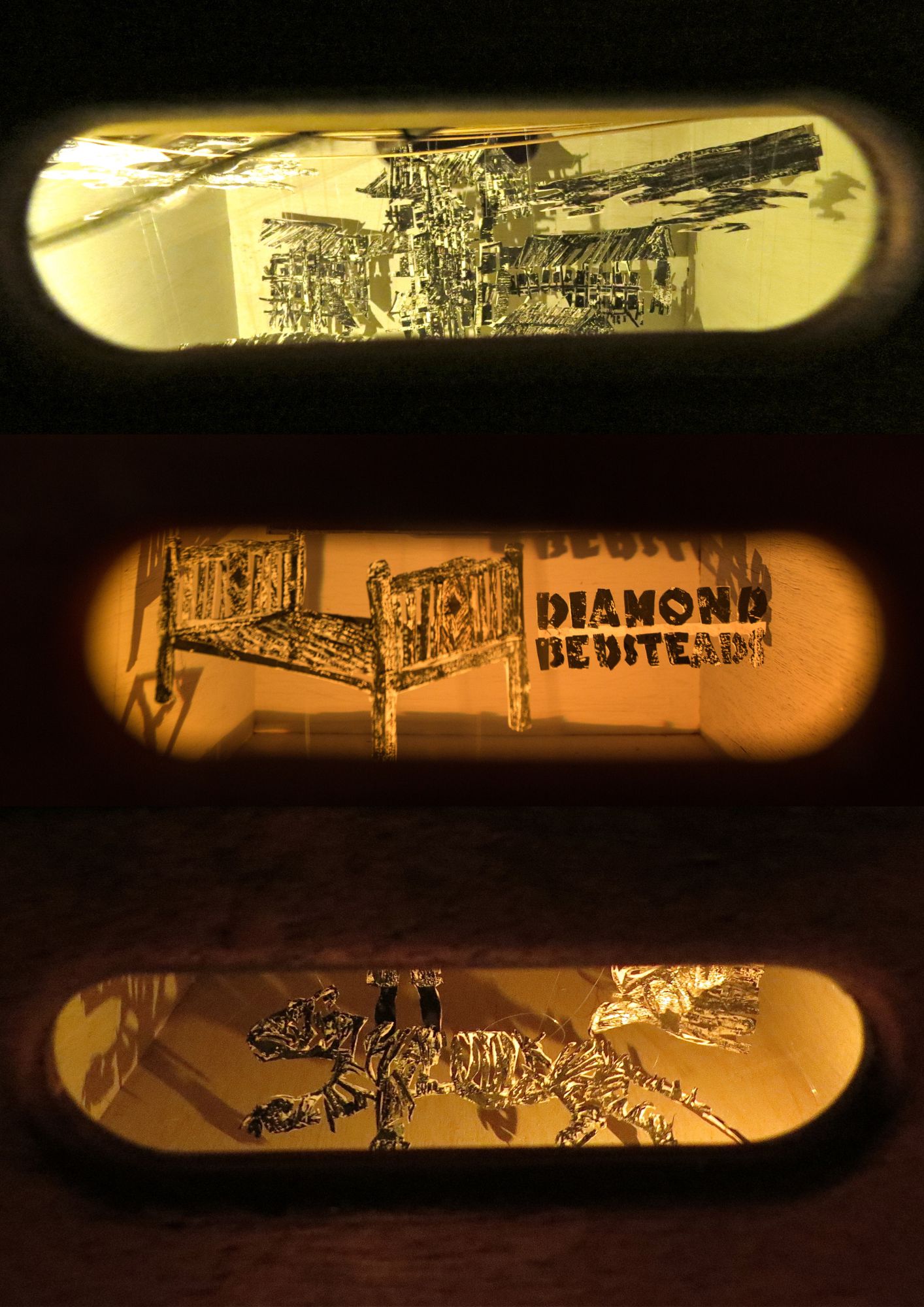 Top: Lee Kee Boon’s 1955 woodcut print, Nanyang University; middle: the advertisement for Diamond Bedsteads from 1937; bottom: and the tiger killed in Singapore’s Chua Chu Kang Village in 1937, each reinterpreted by Davis (2014) as woodprint shadowpuppet collages.