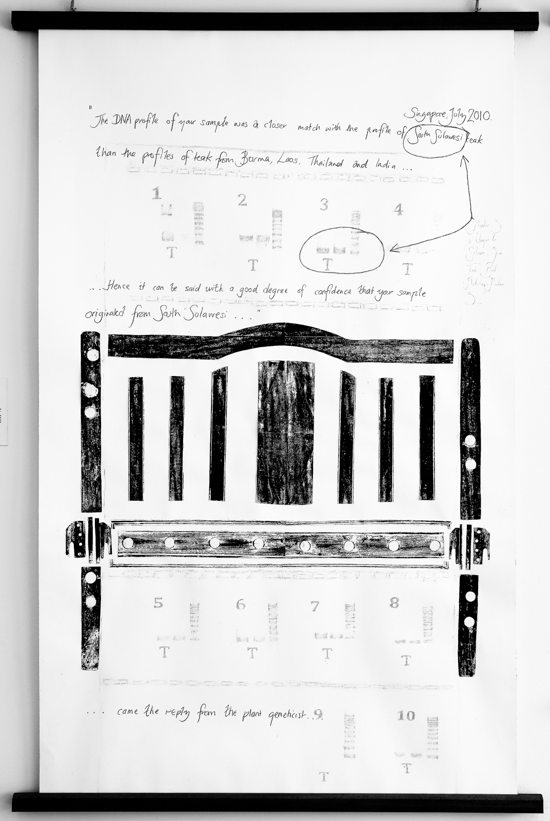 A black and white photo of a woodprint collage of a bad frame here including a print-out of the bed’s DNA profile. Writing and notes are scribbled across the page. 
