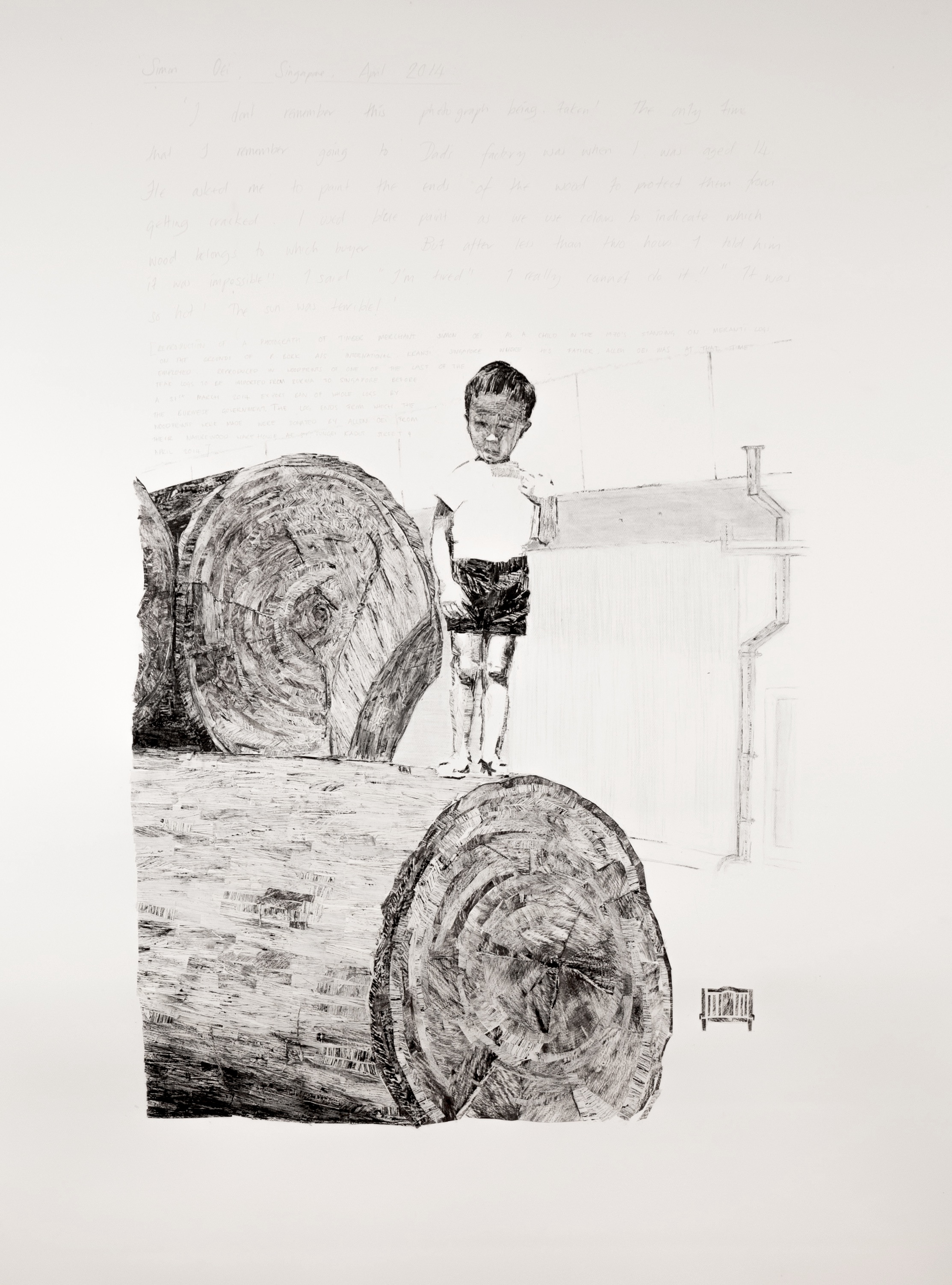  A woodprint collage illustaration of a child standing on top of a large log/tree trunk.