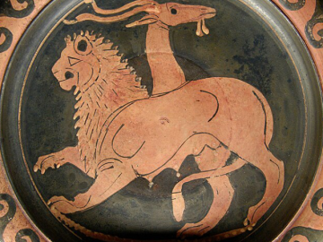 A Chimera (represented as a lion with a goat's head in the middle of its back and with a tail that ends in a snake's head on its tail) against a black and gold backdrop.